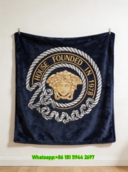 Versace Navy Blue Gold Medusa House Founded In 1978 Printed Flannel Throw Blanket IMG_1294